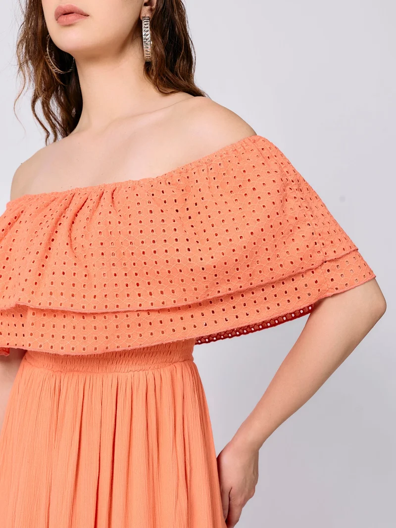 Outzidr  Peach Off Shoulder Tiered Midi Dress for Women | Best Price UAE